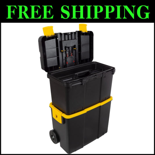 Durable Portable Tool Box with Wheels - Stackable 2-in-1 Organizer, Black/Yellow