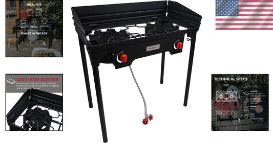 High-Pressure Propane Double Burner Camp Stove with Windscreen & Adjustable PSI