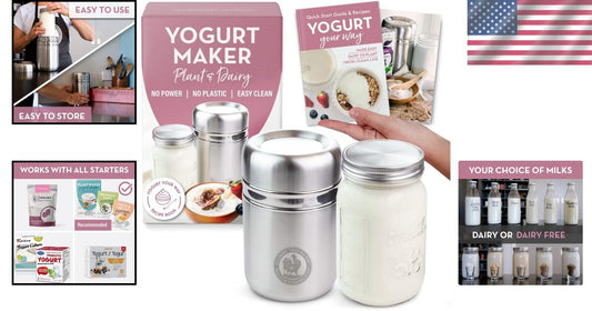 Compact Stainless Steel Yogurt Maker with 1 Quart Glass Jar & Recipe Book