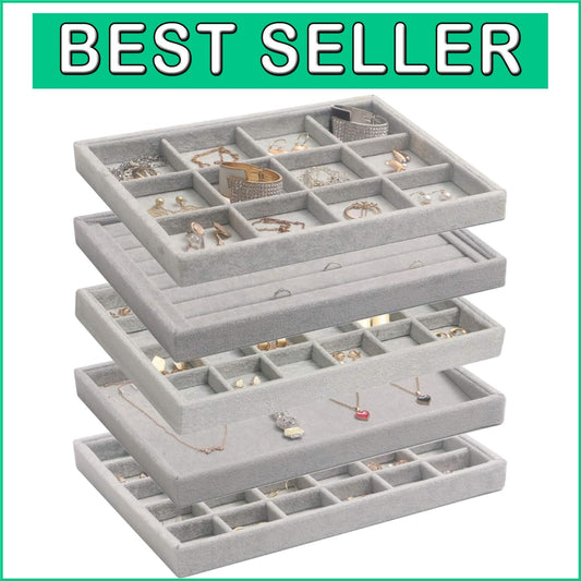5-Pack Stackable Velvet Jewelry Trays - Elegant Organizer for All Jewelry