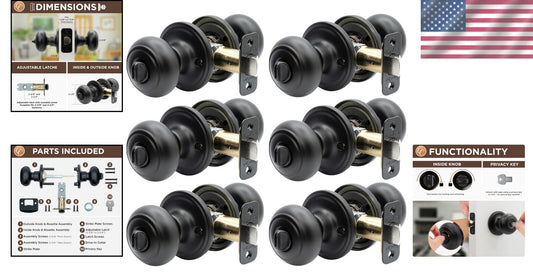 6-Pack Matte Black Round Colonial Door Knobs with Privacy Locking Function