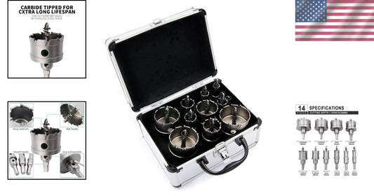 14-Piece TCT Hole Saw Kit - Tungsten Alloy Drill Bits for Metal Cutting