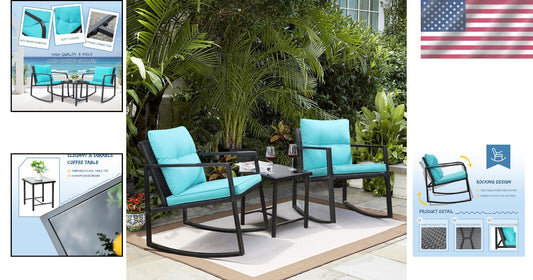 Durable Patio 3-Piece Rocking Wicker Set with Glass Table - Blue Elegance