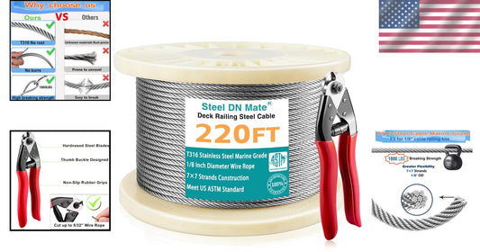 220FT Stainless Steel Cable with Cutter - Ideal for Railing & Landscape Projects