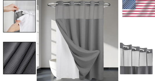 Elegant Heavyweight No Hooks Required Shower Curtain with Snap-In Liner - Gray