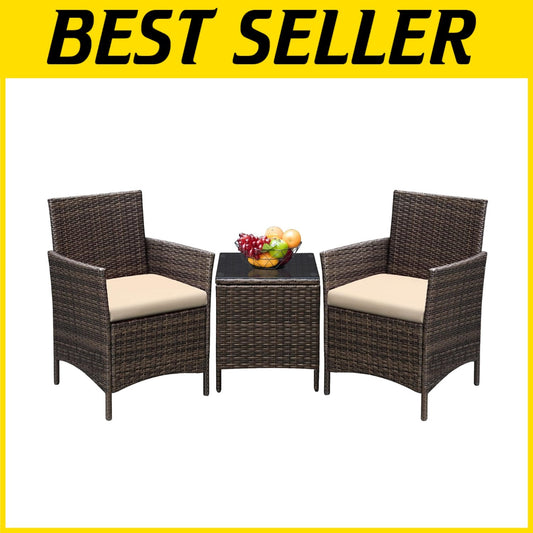 Elegant 3-Piece Outdoor PE Rattan Wicker Chairs with Soft Cushions & Glass Table