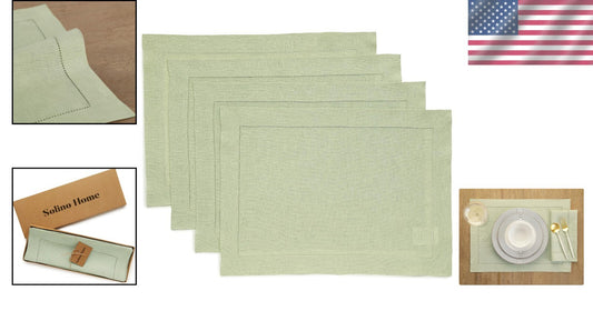100% Pure Linen Placemats - Classic Hemstitch Sage Green, Machine Washable