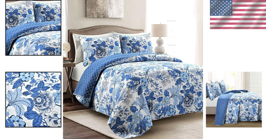 Charming Floral Navy & White Reversible Quilt Set, 3 Piece Bedding, Full/Queen