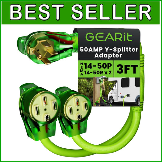 Bright Green 50A Y Splitter Adapter for RV & EV - NEMA 14-50P to 2 NEMA 14-50R