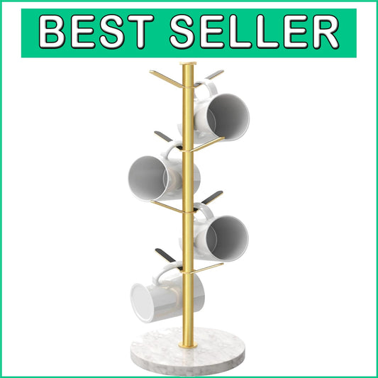 Elegant Gold Mug Holder Tree with Marble Base - 8 Hooks for Stylish Kitchens
