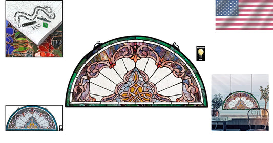 32-Inch Amethyst-Hued Demi-Lune Stained Glass Window Panel – Vintage Elegance