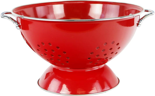 Beautifully Crafted 5-QT Red Enameled Colander with Chrome Handles - Hand Wash