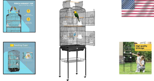 Spacious Black Bird Cage with Play Top & Easy-Clean Sliding Tray - 64 Inch