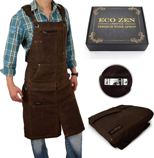 Extra Long Fully Adjustable Waxed Canvas Shop Apron with 6 Pockets for Comfort