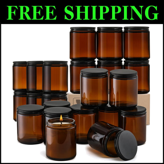 24-Pack Amber Glass Jars with Airtight Black Lids - Perfect for Candle Making
