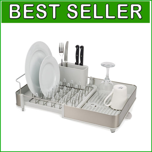 Adjustable Dish Drying Rack with Swivel Draining Spout and Cutlery Organizer