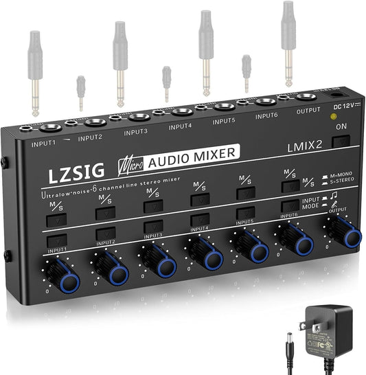Professional 6-Channel Stereo Line Mixer with Dynamic Microphone Control