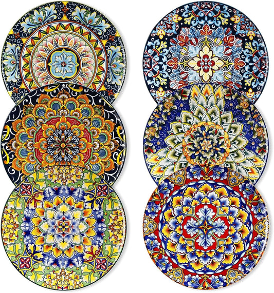 Artistic Bohemian Plate Set of 6 - 8.5-Inch Ceramic Dinnerware for All Occasions
