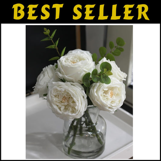 Elegant Artificial White Roses with Glass Vase - Lifelike Table Centerpiece