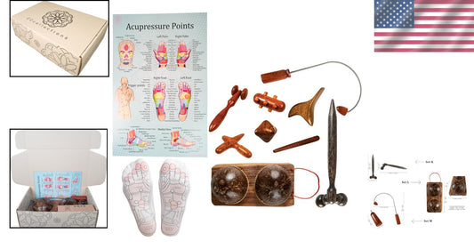 Diverse Wooden Massage Tools Set with Reflexology Socks and Educational Guides