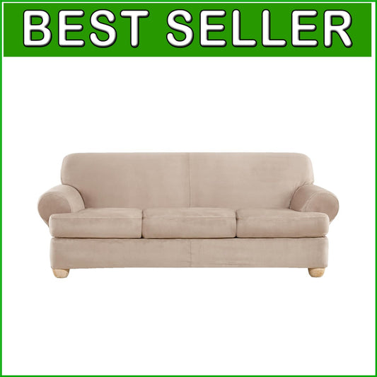 Adjustable Heavyweight Stretch Suede Slipcover in Cement - Cozy 3-Piece Set