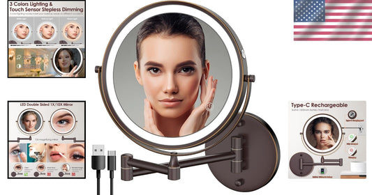 Stylish 360° Swivel LED Makeup Mirror with 1X/10X Magnification for Easy Viewing