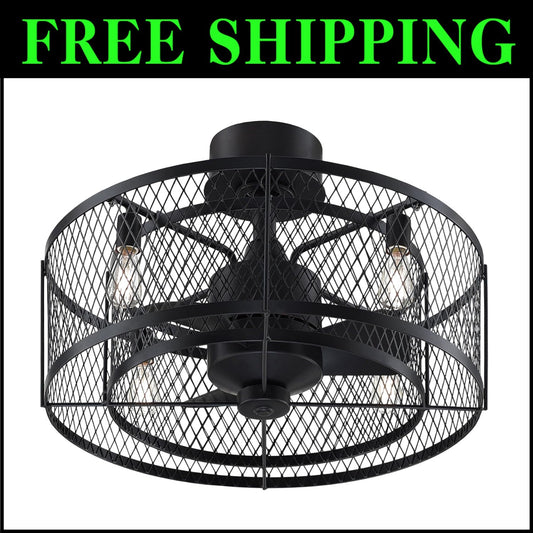 20-Inch Aged Bronze Caged Ceiling Fan with LED Light - Remote Control Included