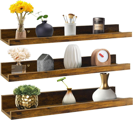 Sturdy Rustic Floating Shelves - Set of 3 for Wall Organization, 24 Inch Size