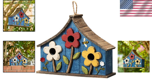 15" Oversized Hand-Painted Distressed Birdhouse with 3D Flowers - Rustic Villa