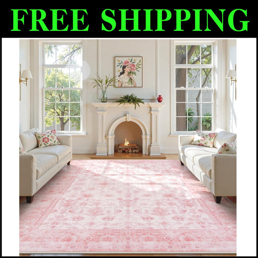 Elegant 8x10 Pink Floral Area Rug - Soft Washable Faux Wool for Living Spaces