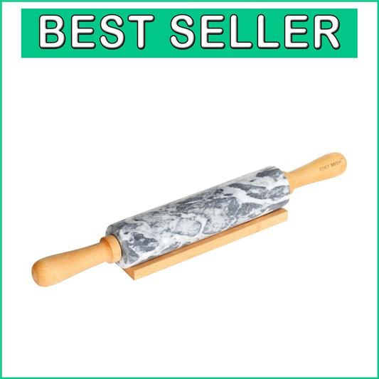 Elegant 18-Inch Marble Rolling Pin with Wooden Handles - Non-Stick Gray & White