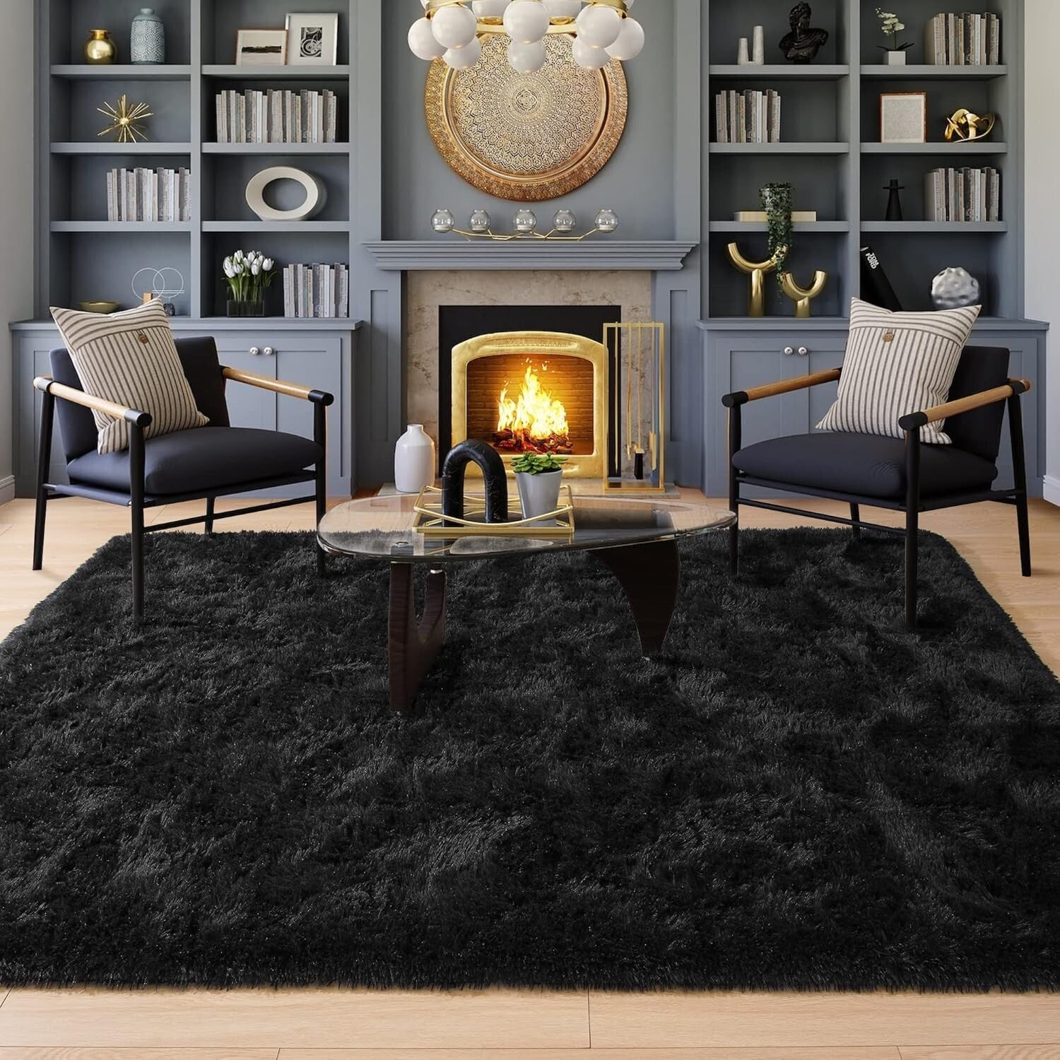 Fluffy Black 6x9 Area Rug - Soft Shaggy Carpet for Modern Living Rooms
