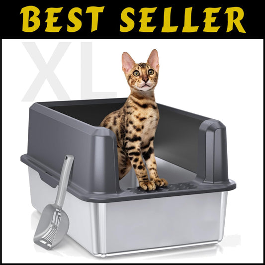 Stainless Steel XL Cat Litter Box with High Walls - Anti-Leak & Easy Care