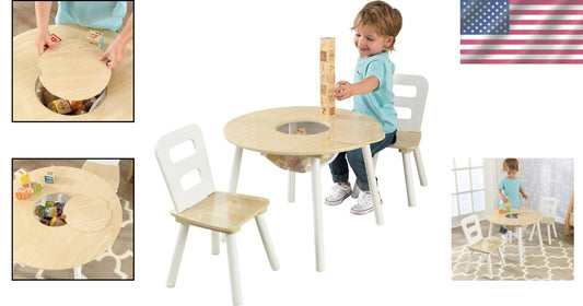 Wooden Round Table & 2 Chair Set with Hidden Storage for Kids Playrooms
