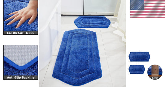 Anti-Slip Thick Bath Rug Set: Machine Washable Blue Mat 20x32 & 24x48 Inches