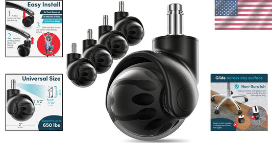 Durable Replacement Office Chair Wheels - 2 Inch Casters for Hardwood & Carpet