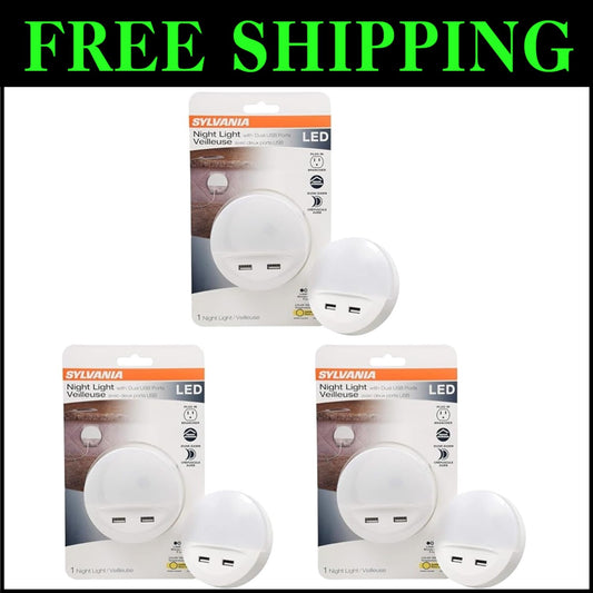Sylvania LED Night Light 3-Pack: Dusk to Dawn with Dual USB Ports, Warm White