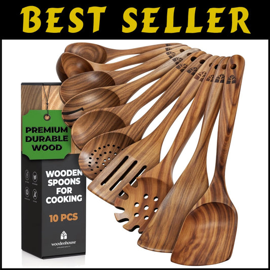 Elegant 10-Piece Wooden Cooking Utensils Set in Teak - Lightweight & Sturdy