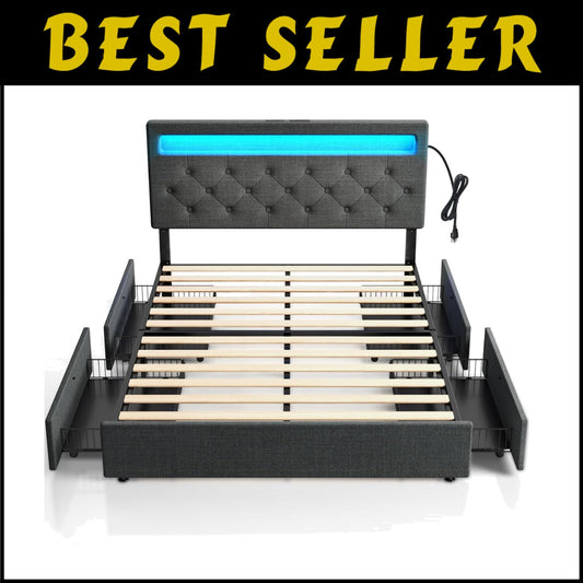 Full Size Bed Frame with USB Charging & LED Lights - 4 Storage Drawers Included