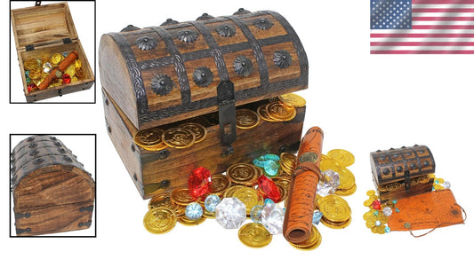 8" Wooden Pirate Treasure Chest - Perfect for Themed Parties & Imaginative Play