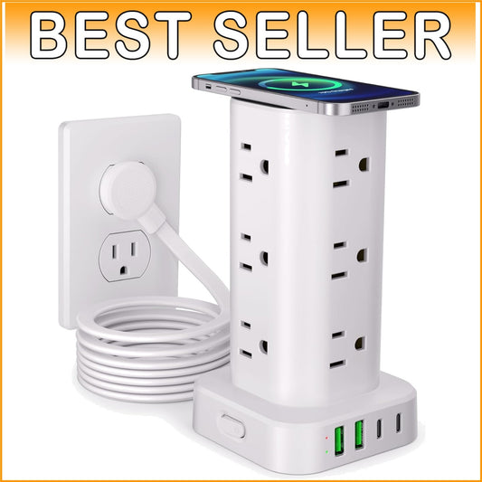 17-in-1 Power Strip Tower with Wireless Charger & 10FT Extension Cord, White