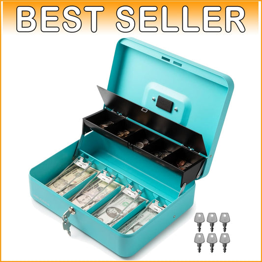Cyan Key Lock Cash Box: Durable Portable Safe for Events - Heavy-Duty Design