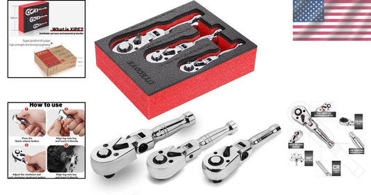 Flexible Head Stubby Ratchet Set - 1/2, 3/8, and 1/4 Inch Drive Wrenches