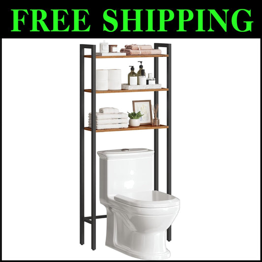 3-Tier Over Toilet Bathroom Organizer - Rustic Space Saver with Adjustable Feet