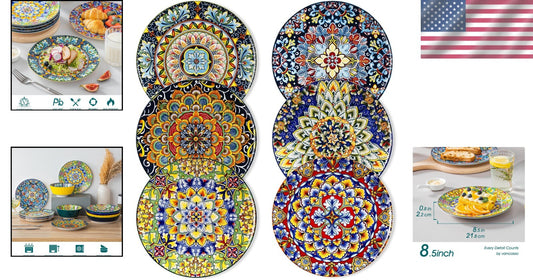 Artistic Bohemian Plate Set of 6 - 8.5-Inch Ceramic Dinnerware for All Occasions