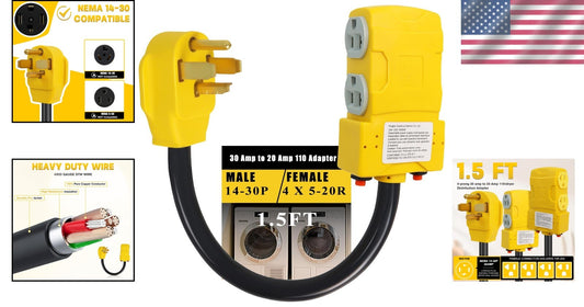 220V to 110V 4-Prong Dryer Distribution Adapter with 2 Circuit Breakers