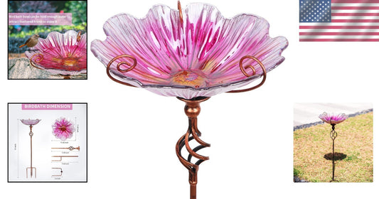 31-Inch Pink Glass Birdbath & Feeder with Metal Stake - Weatherproof Design