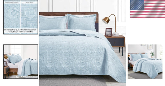 Modern 3-Piece King Quilt Set in Spa Blue - Lightweight Coverlet for All Seasons