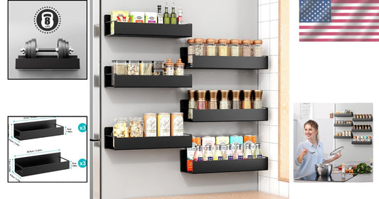 6-Pack Moveable Metal Black Magnetic Spice Racks - Modern Kitchen Organizer