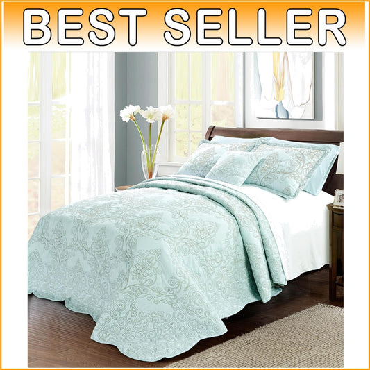 Elegant Oversized Queen 4-Piece Reversible Bedspread Set in Blue Floral Pattern